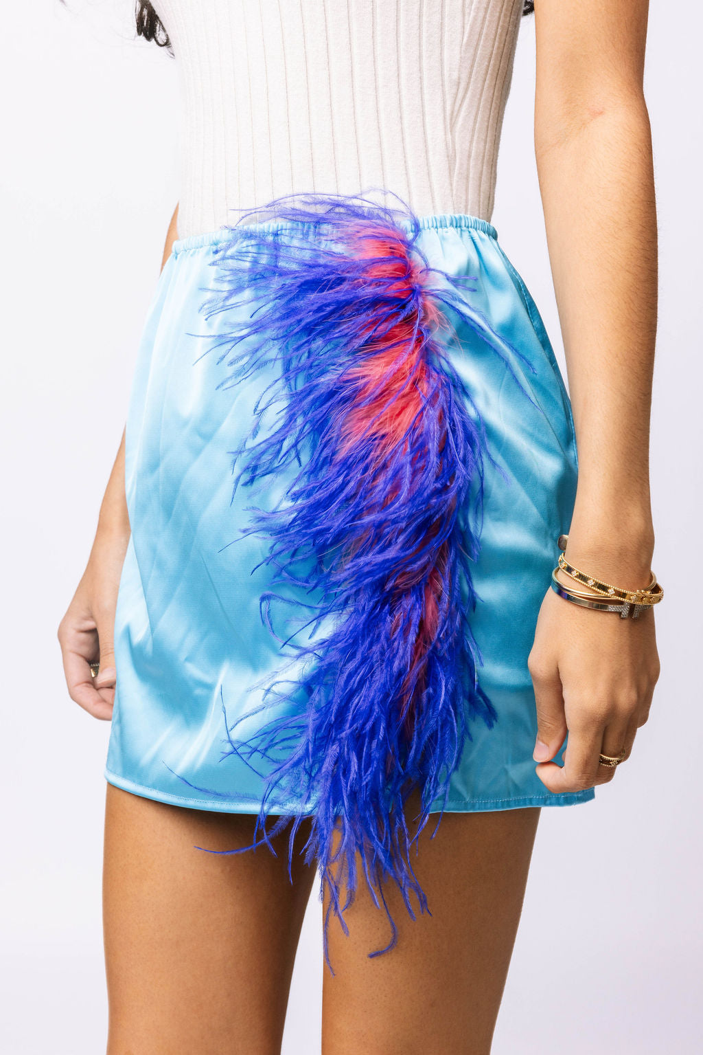 SAMPLE- Powder Blue/Red Silk Feather Skirt