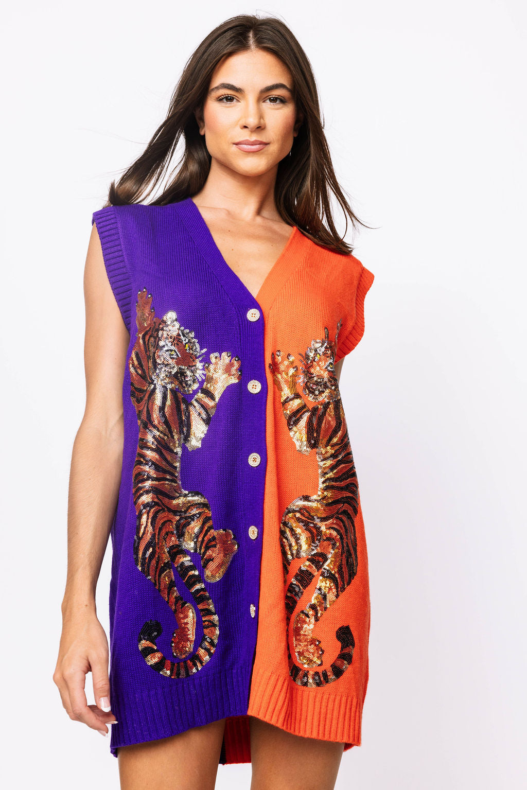 SAMPLE - Purple & Orange Tiger Cardigan Sweater Tank Dress