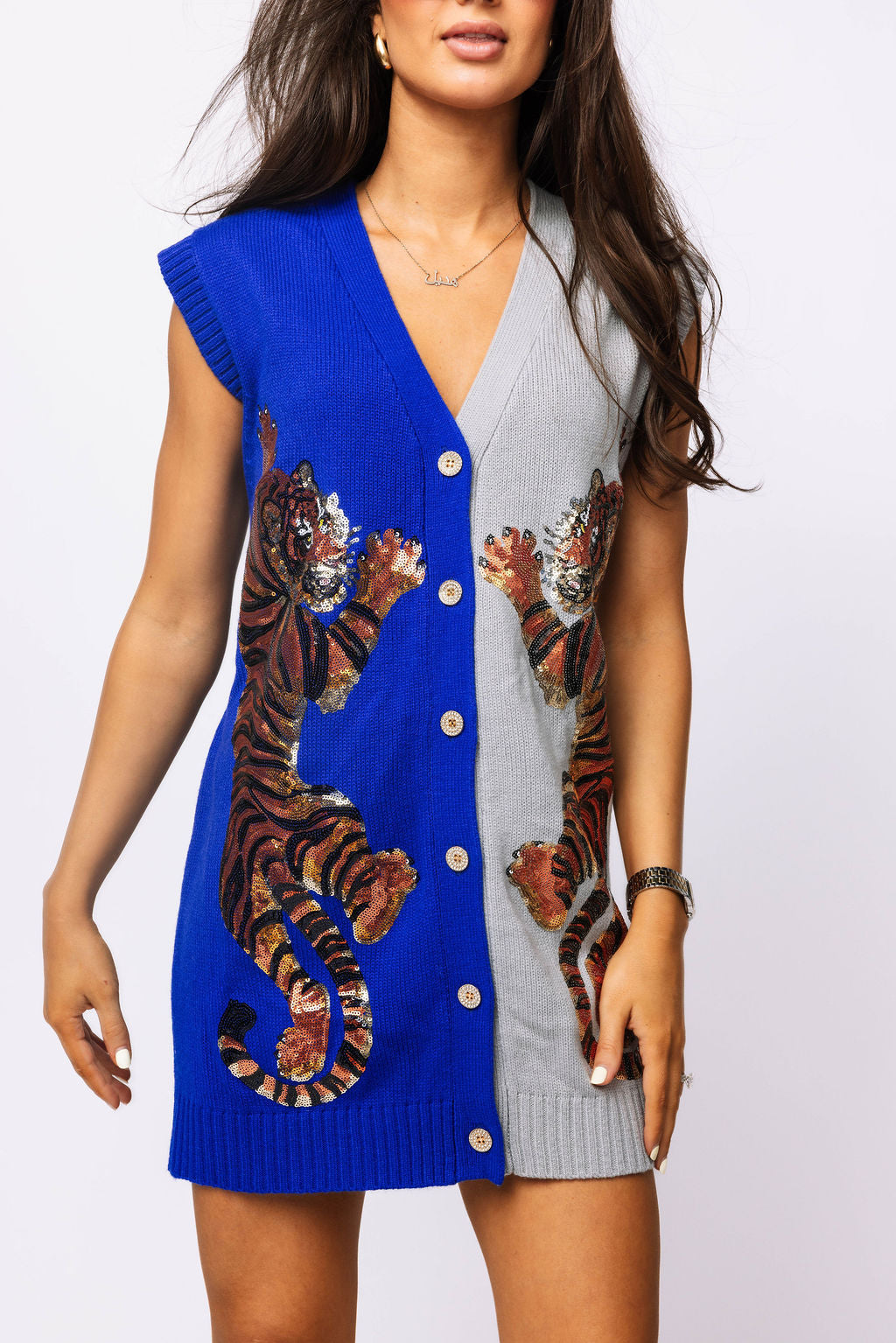 Licensed Sample - Royal & Grey Tiger Cardigan Sweater Tank Dress