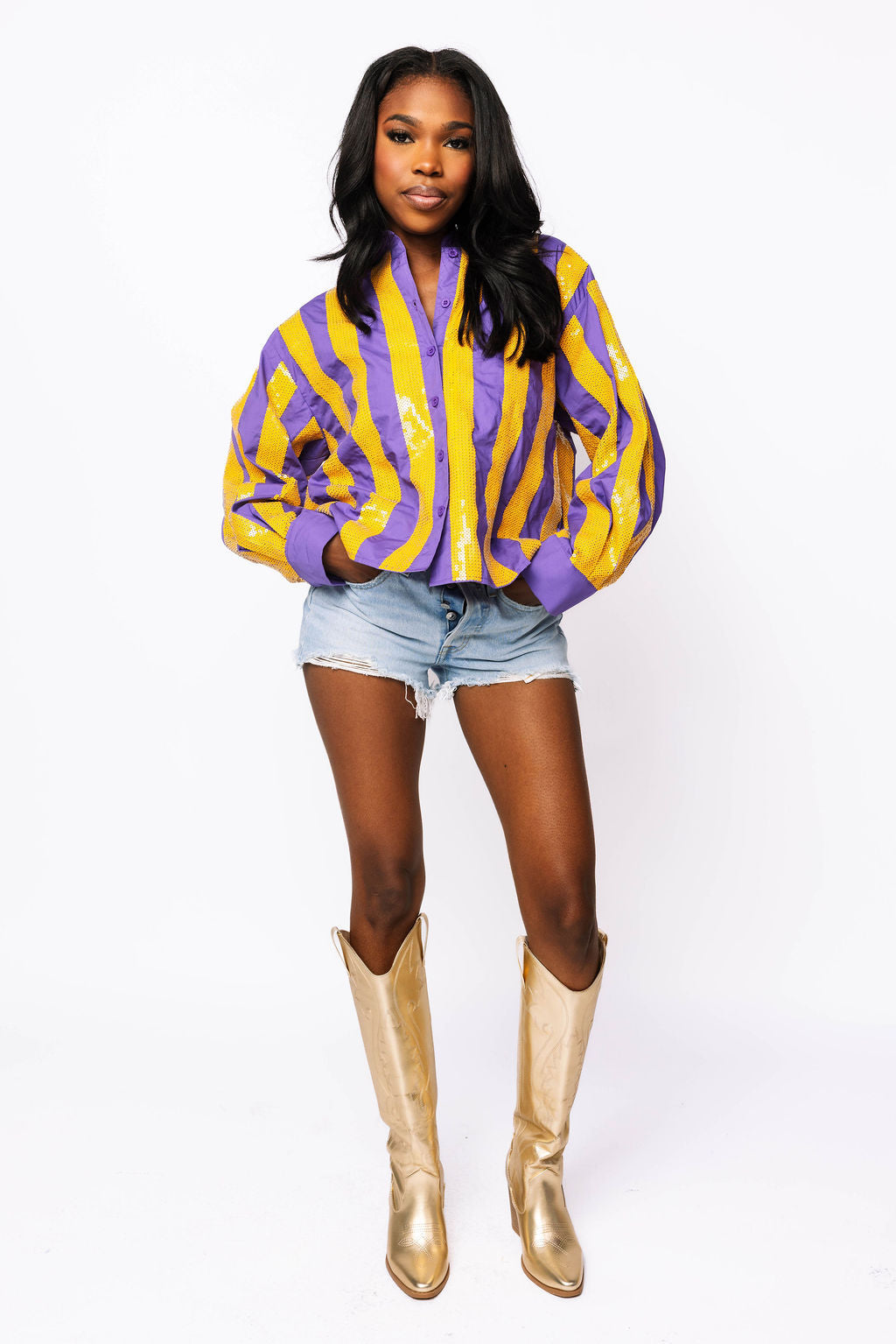 SAMPLE - Purple & Yellow Sequin Striped LS Button Down