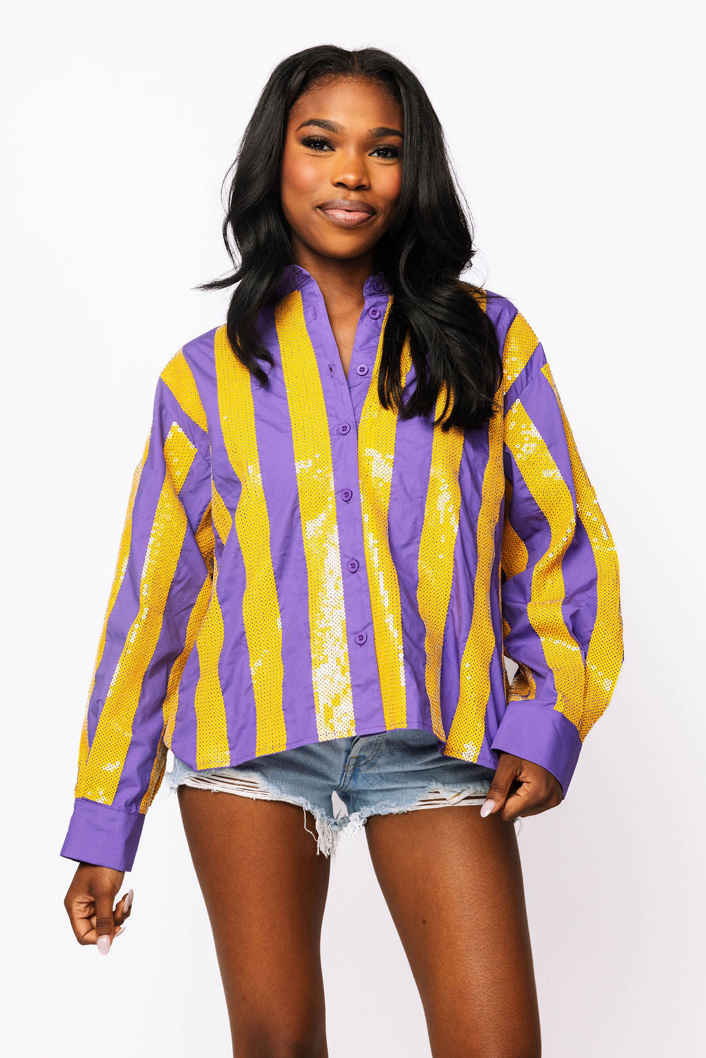 SAMPLE - Purple & Yellow Sequin Striped LS Button Down