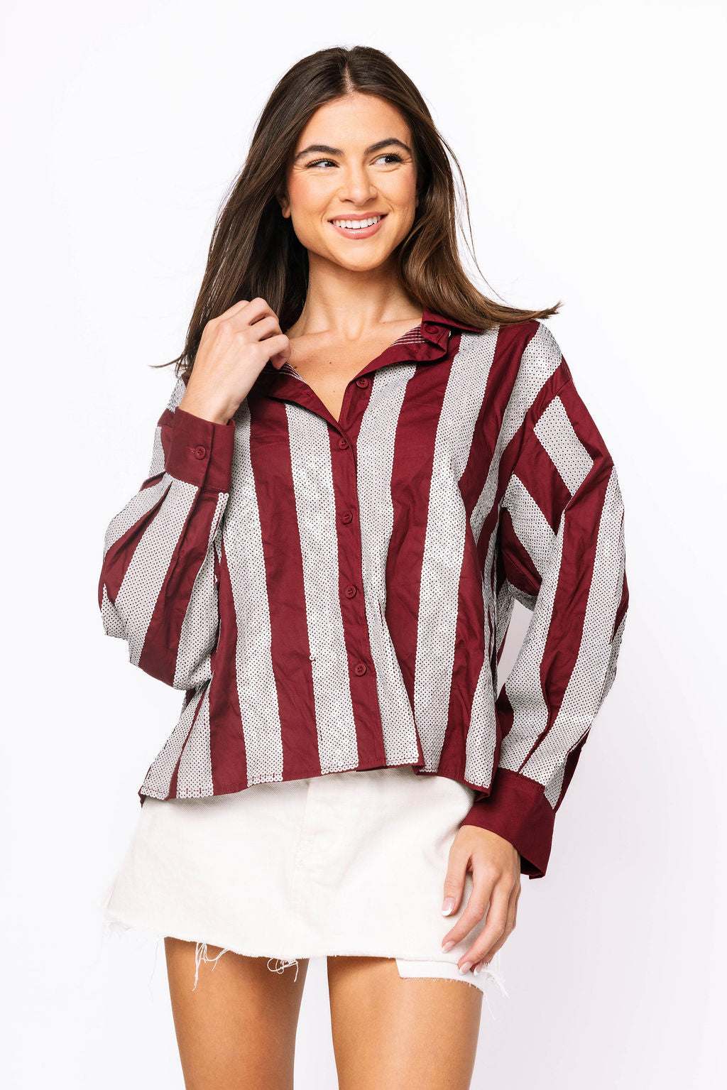 SAMPLE -  Maroon & Grey Sequin Striped LS Button Down