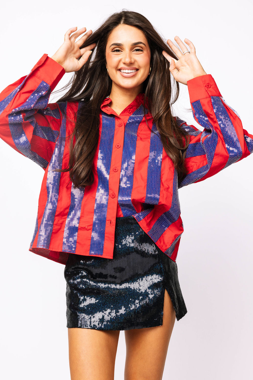 SAMPLE - Navy & Red Sequin Striped LS Button Down