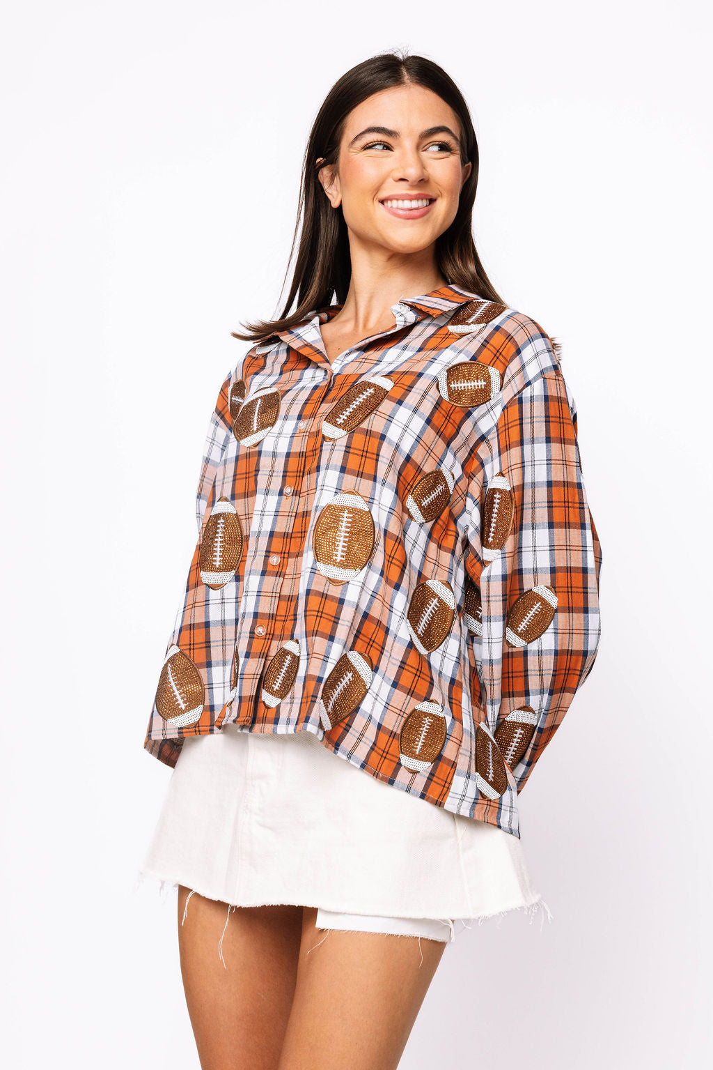 SAMPLE - Orange, White & Navy Plaid Rhinestone Football Button Down LS Shirt