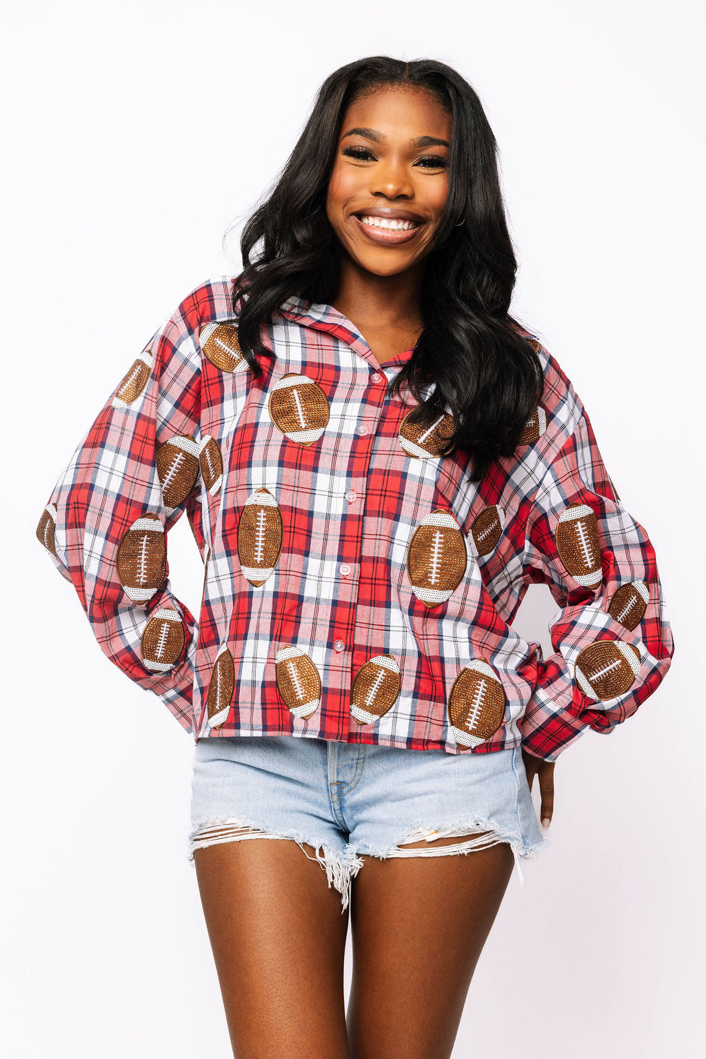 SAMPLE - Red/Blue/White Plaid Rhinestone Football Button Down LS Shirt