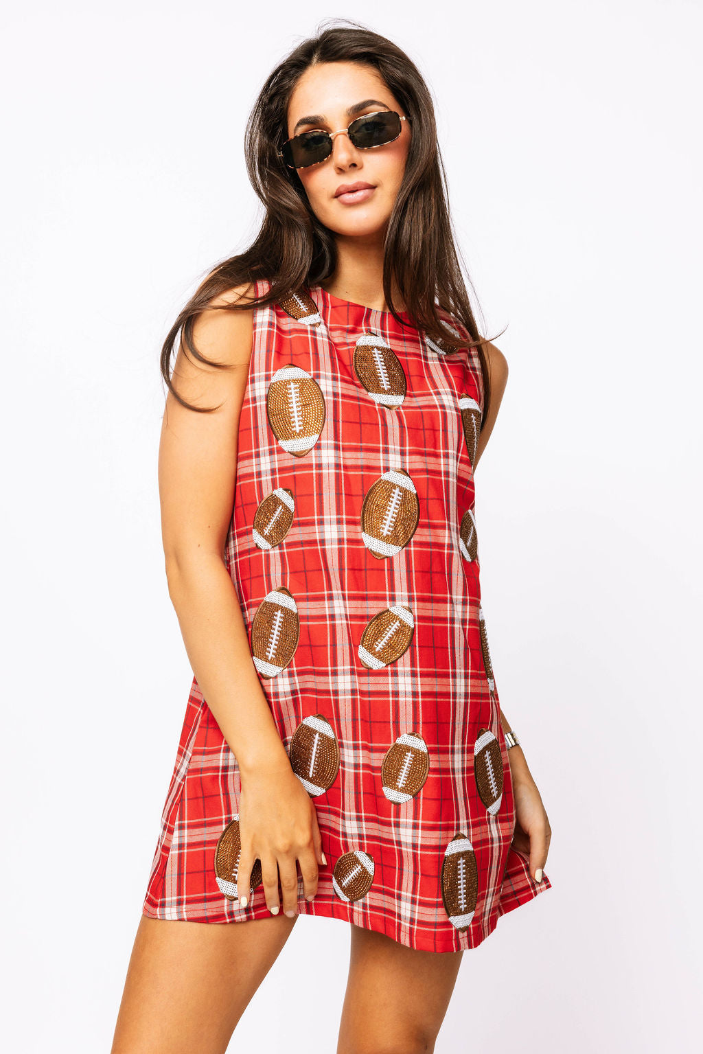SAMPLE - Red Plaid With Rhinestone Footballs Tie Back Dress