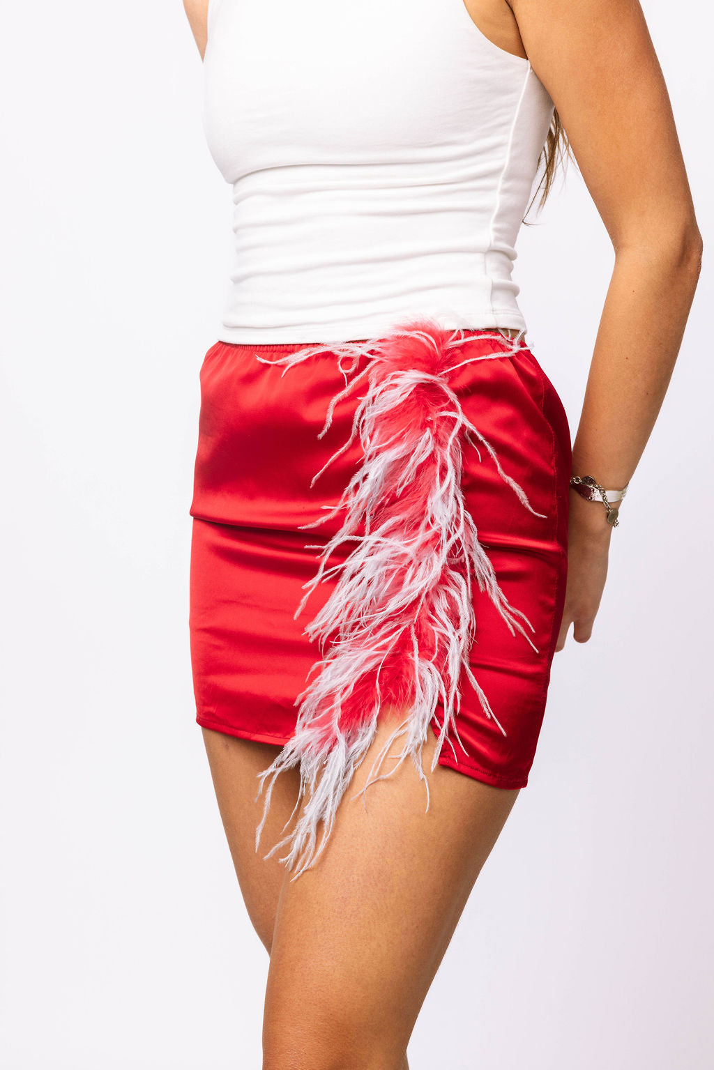 SAMPLE -Red/White Silk Feather Skirt
