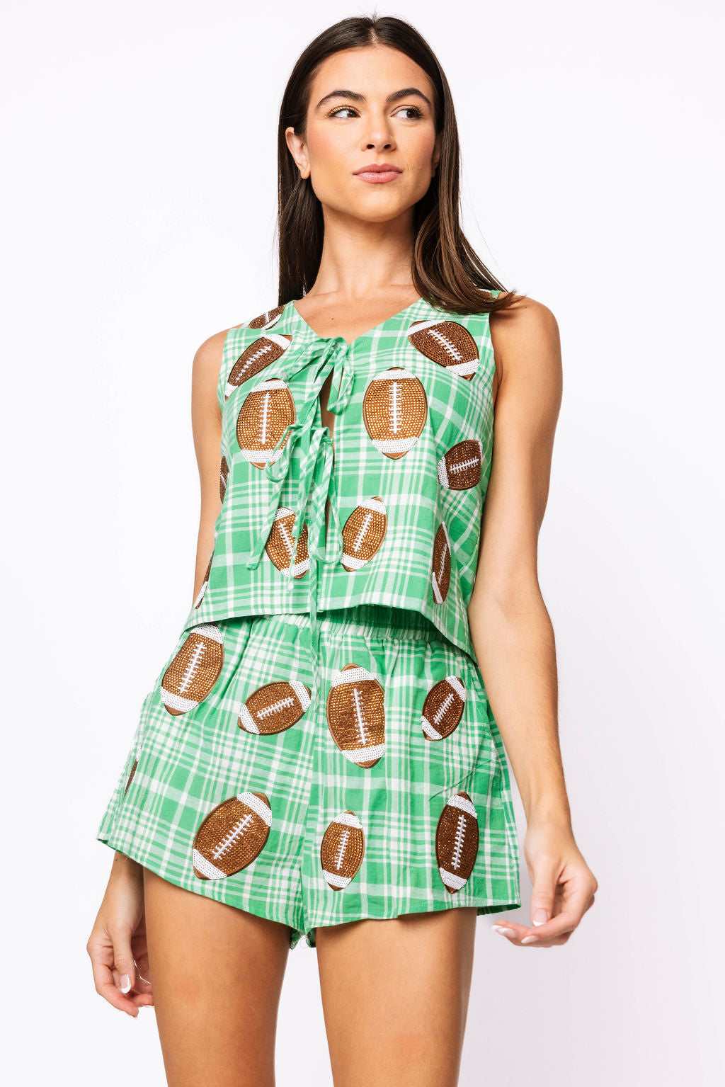 SAMPLE - Green Plaid Rhinestone Football Tie Front Tank and Shorts Set
