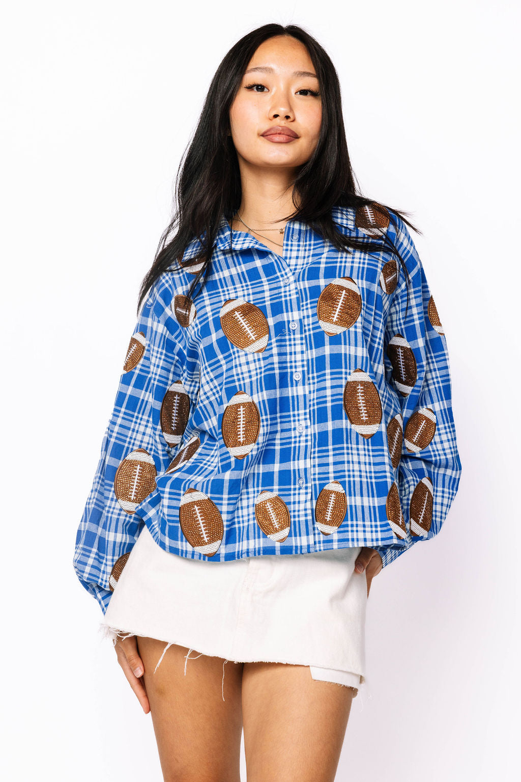 SAMPLE - Blue Plaid Rhinestone Football Button Down LS Shirt