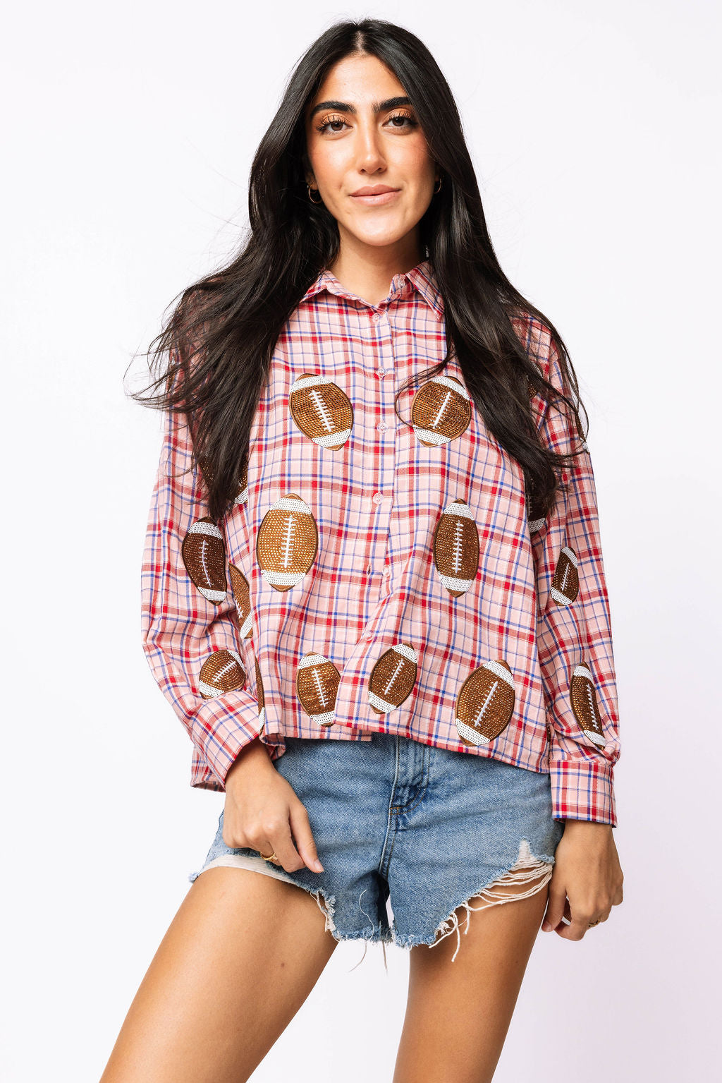 SAMPLE - Pink/Blue/Red Plaid Rhinestone Football Button Down LS Shirt