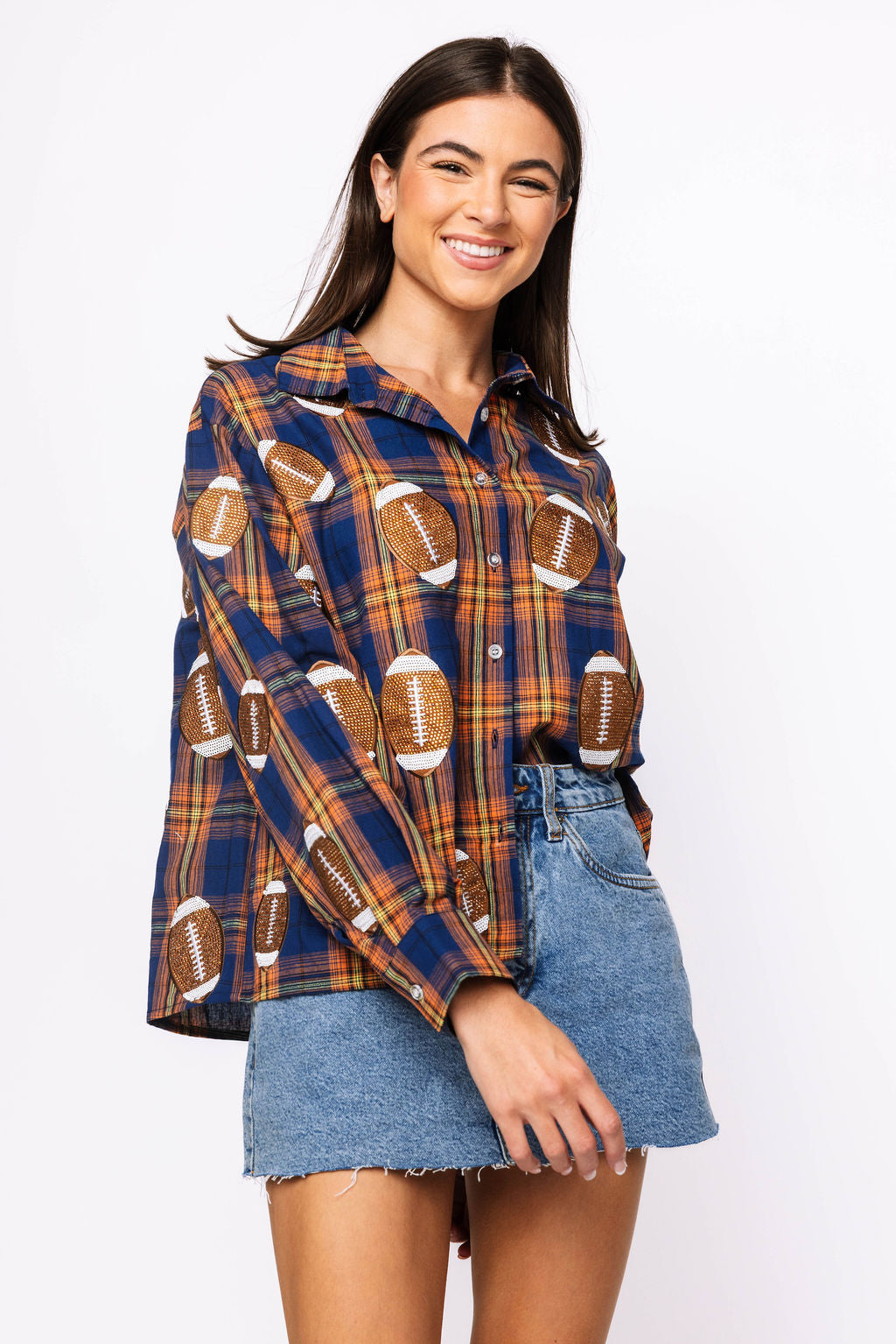 SAMPLE - Orange/Navy Plaid Rhinestone Football Button Down LS Shirt