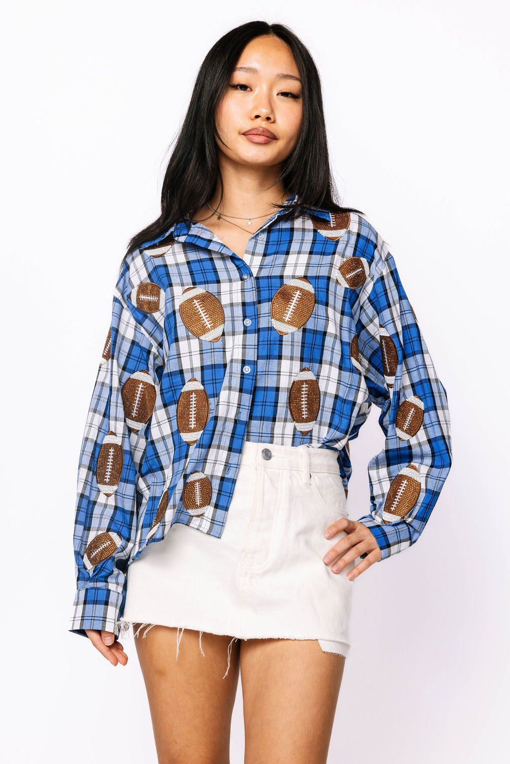 SAMPLE - Blue/Black Plaid Rhinestone Football Button Down LS Shirt