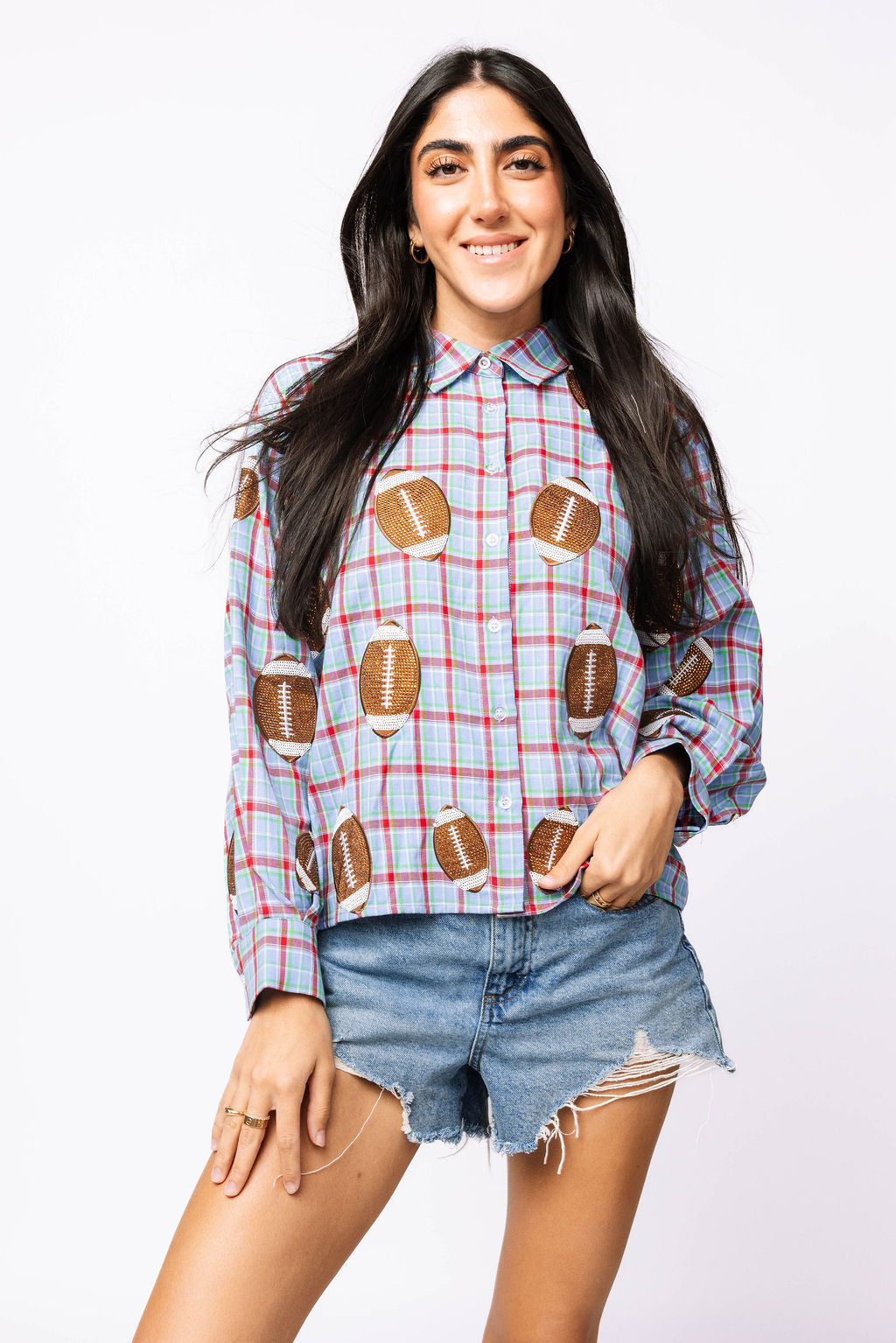 SAMPLE - Powder Blue Plaid Rhinestone Football Button Down LS Shirt