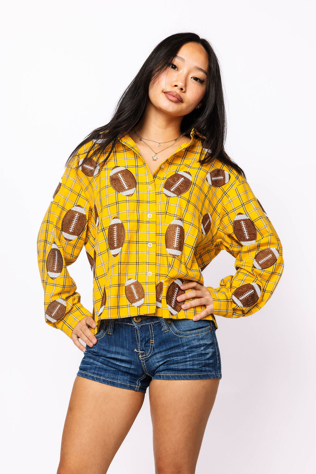 SAMPLE - Yellow/Black Plaid Rhinestone Football Button Down LS Shirt