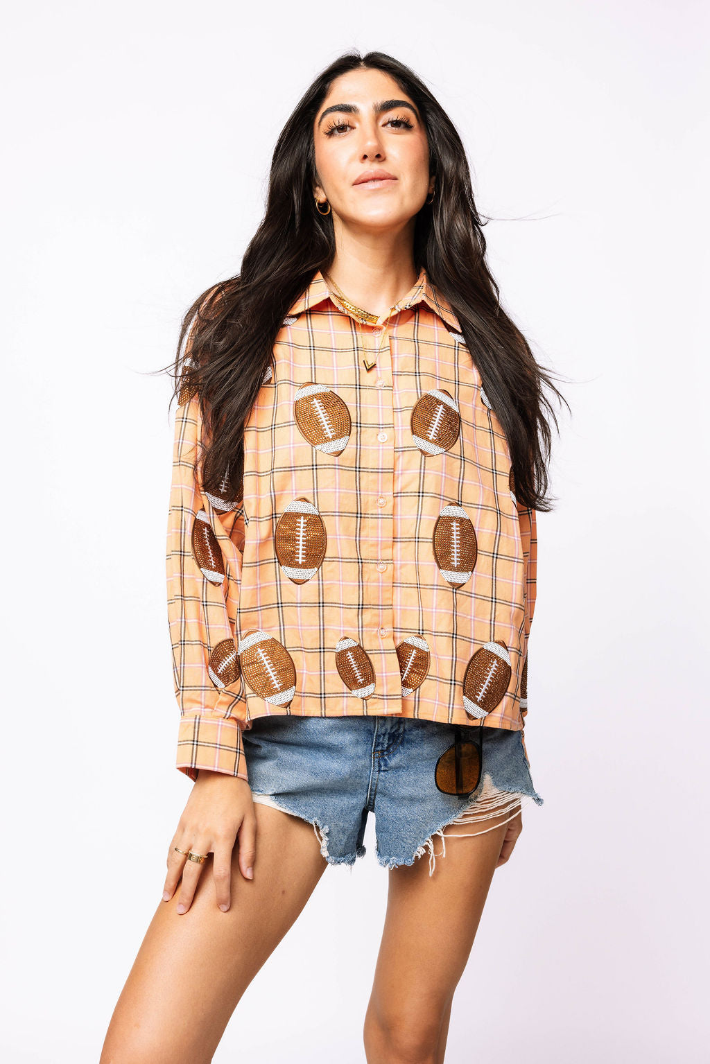 SAMPLE - Orange Plaid Rhinestone Football Button Down LS Shirt