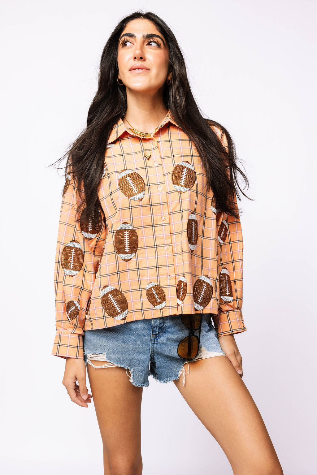 SAMPLE - Orange Plaid Rhinestone Football Button Down LS Shirt