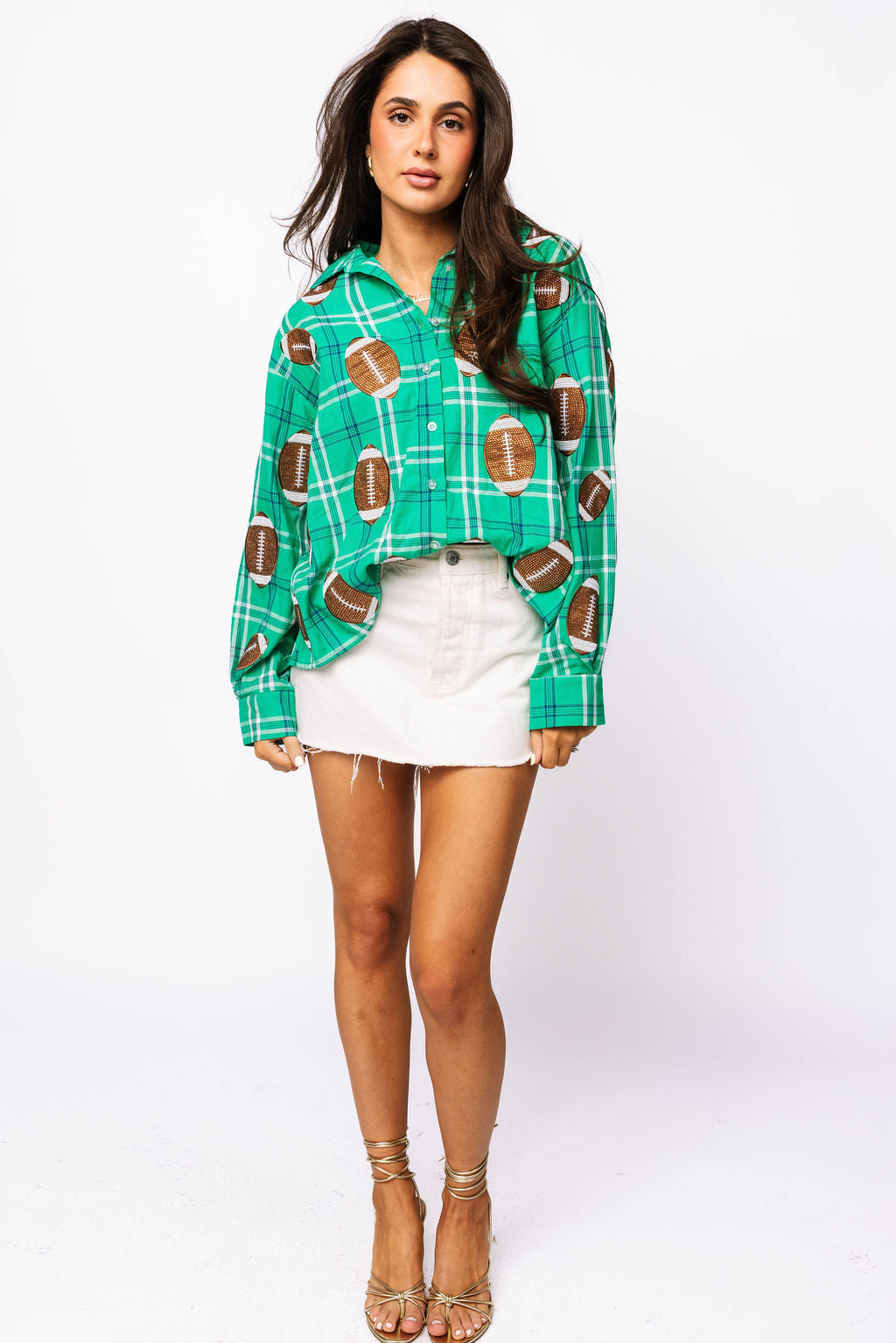 SAMPLE - Green Plaid Rhinestone Football Button Down LS Shirt