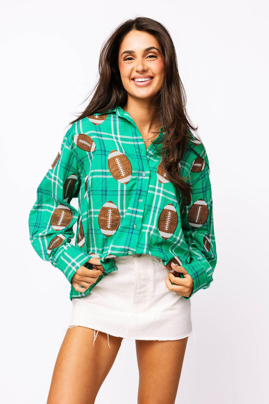 SAMPLE - Green Plaid Rhinestone Football Button Down LS Shirt