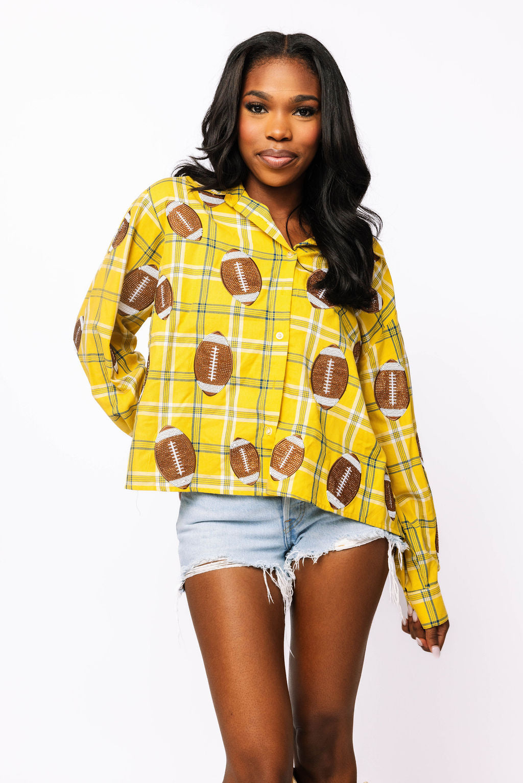 SAMPLE - Gold/Black Plaid Rhinestone Football Button Down LS Shirt