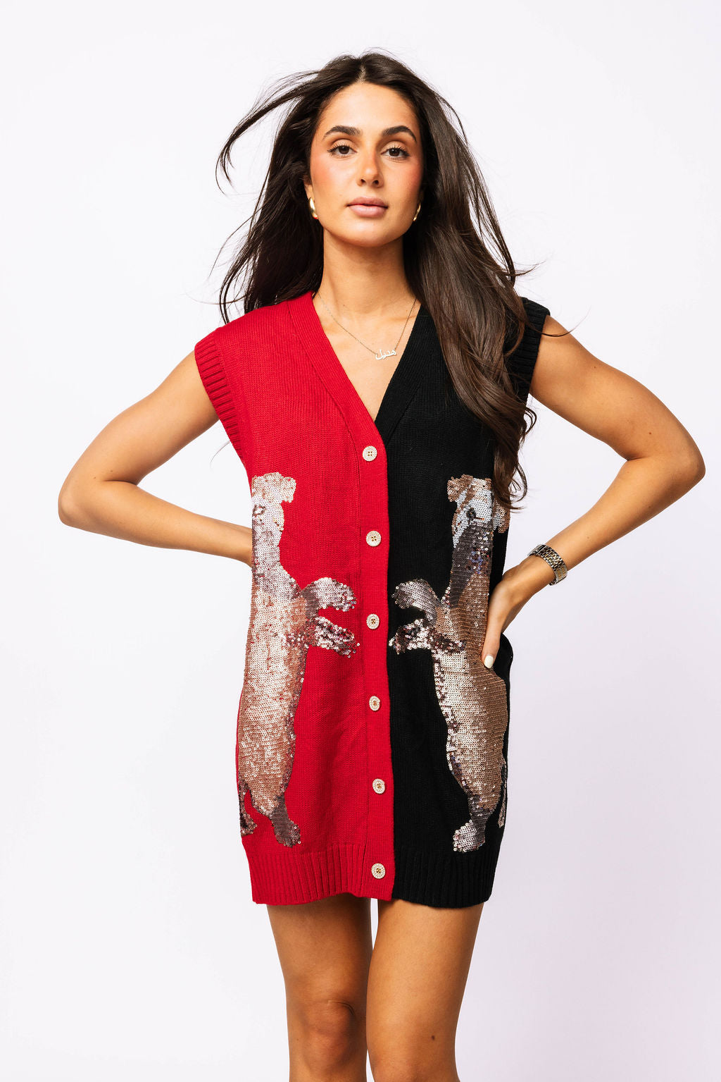 SAMPLE - Red & Black Bulldog Cardigan Sweater Tank Dress