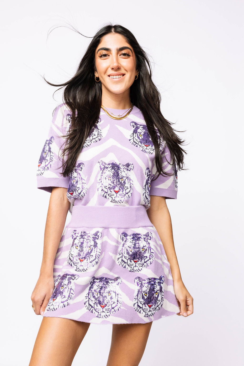 SAMPLE - Lavender & White Scattered Tiger Head Short Sleeve Sweater and Skirt Set