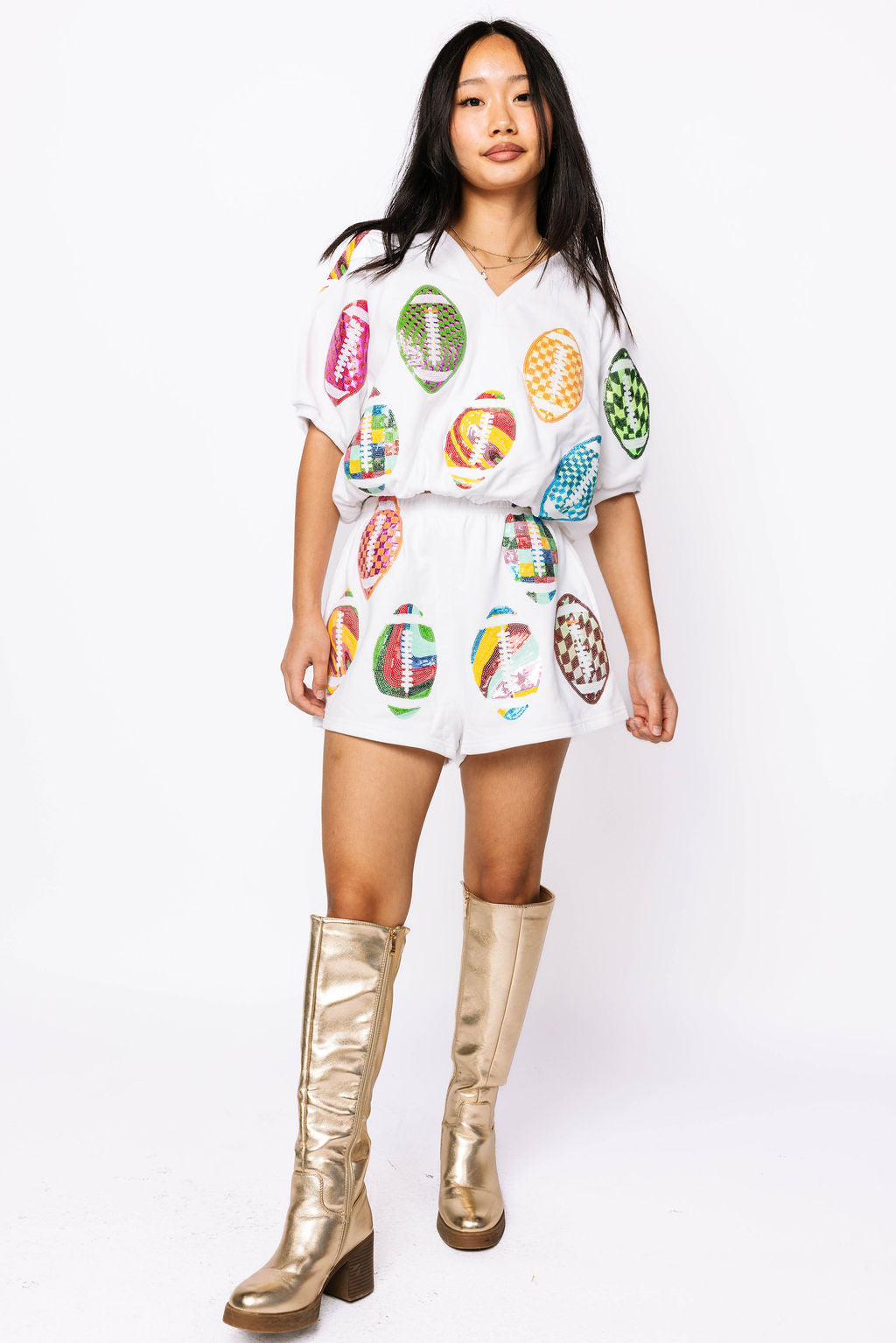 SAMPLE - White V Neck Groovy Scattered Football Top and Shorts Set