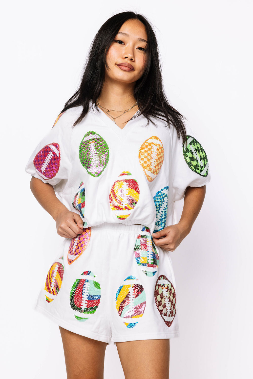 SAMPLE - White V Neck Groovy Scattered Football Top and Shorts Set