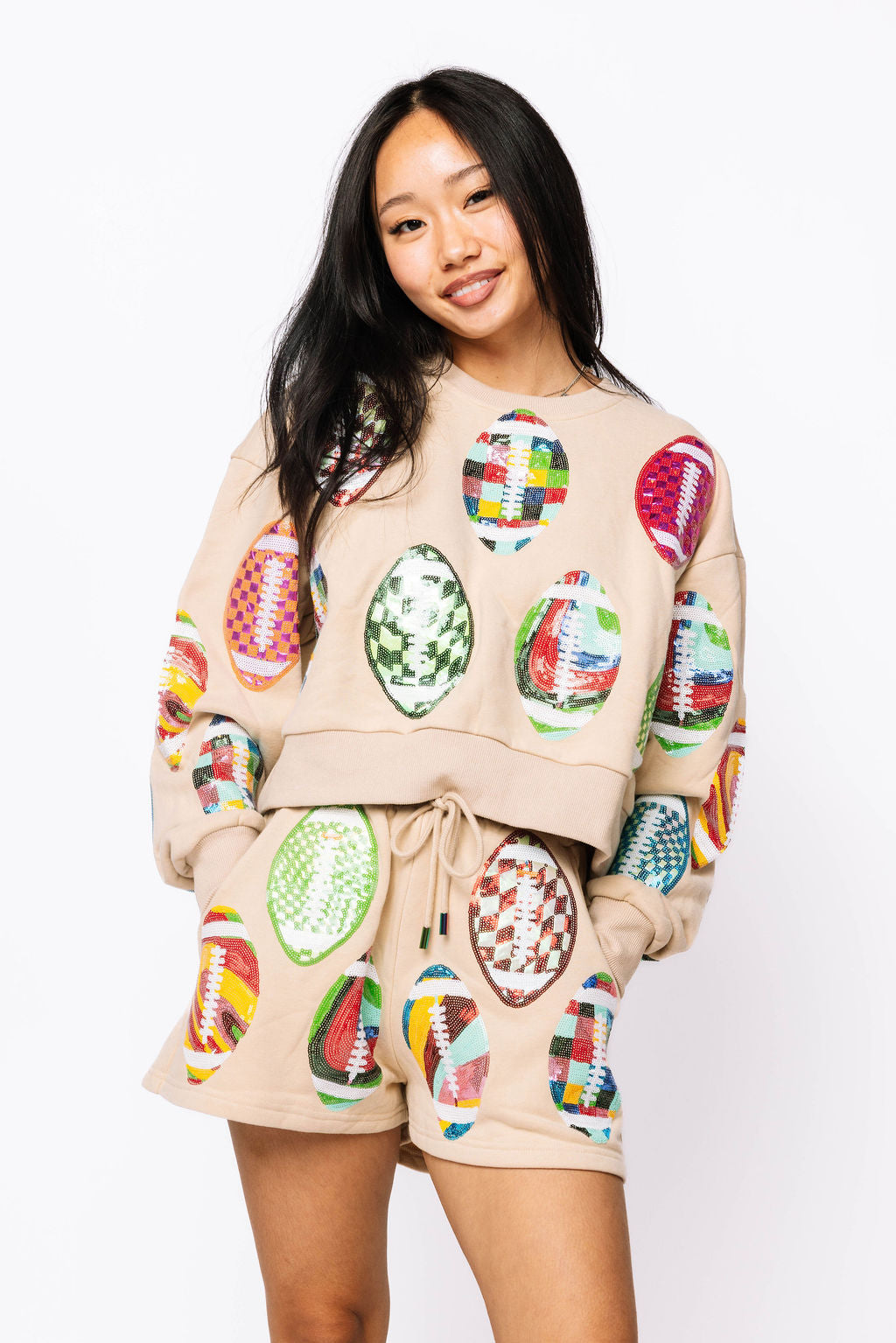 SAMPLE - Tan Groovy Cropped Footballs Sweatshirt and Shorts Set