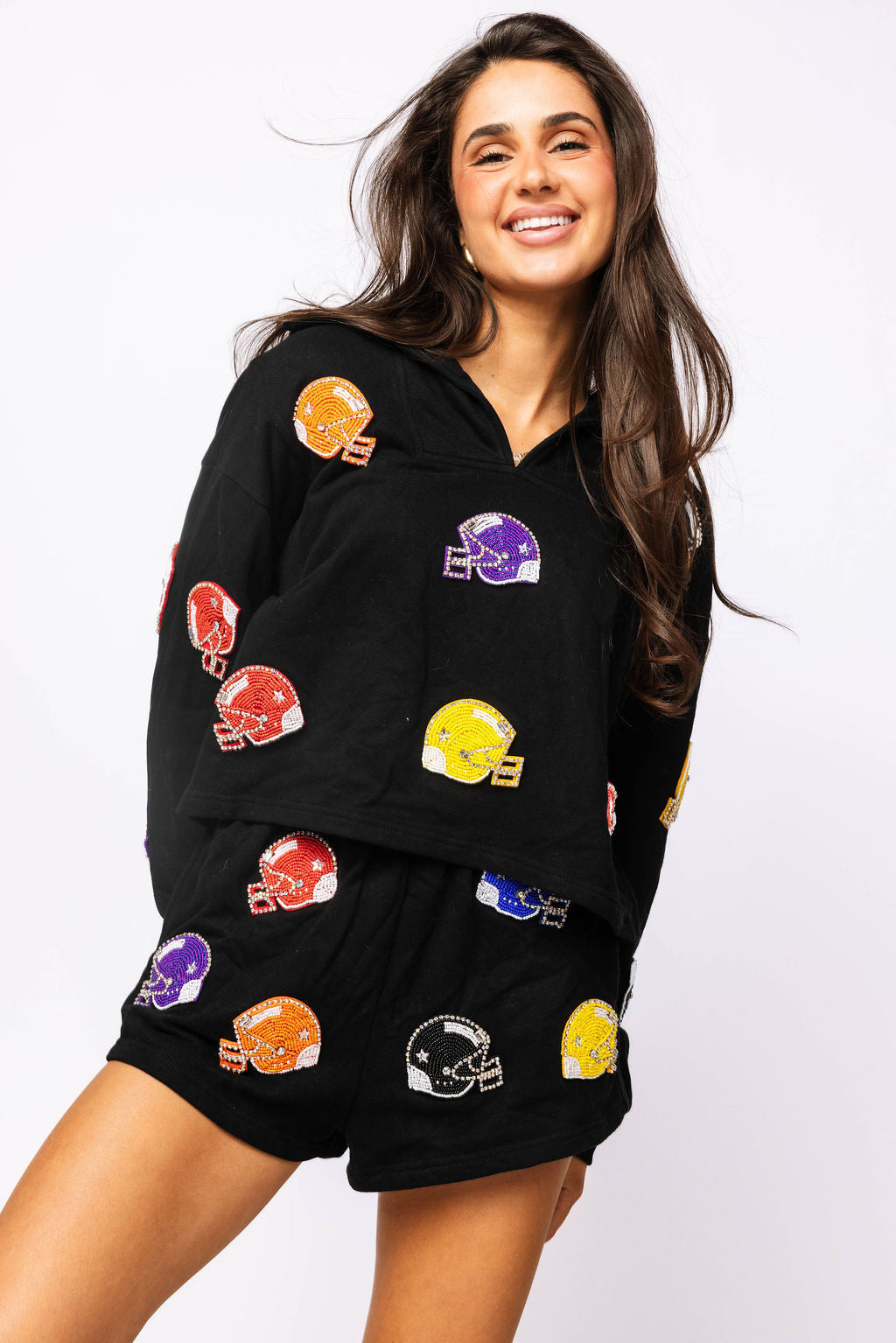 SAMPLE -  Black Multi Beaded Helmet Collared Top and Short Set