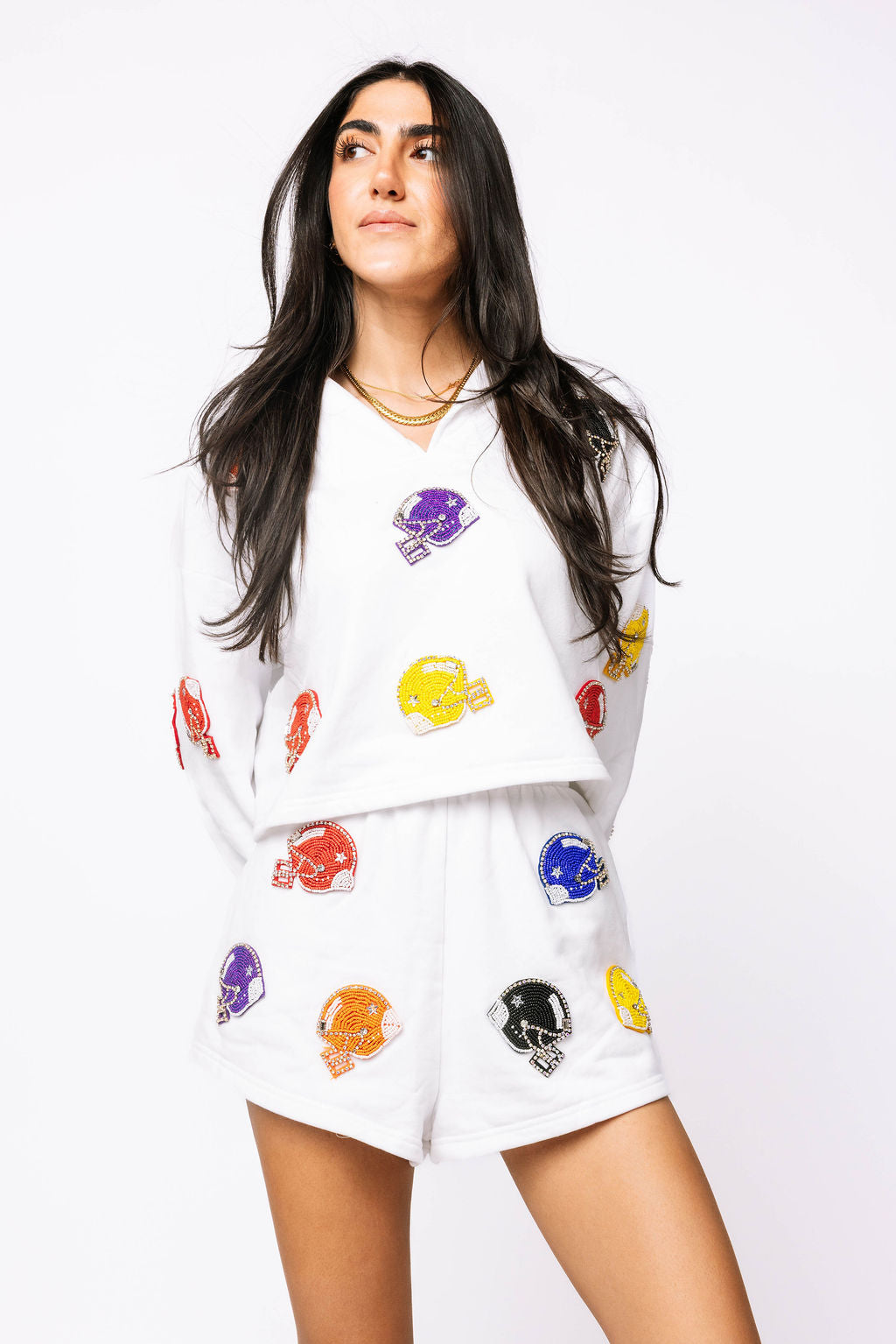 SAMPLE -  White Multi Beaded Helmet Collared Top and Short Set