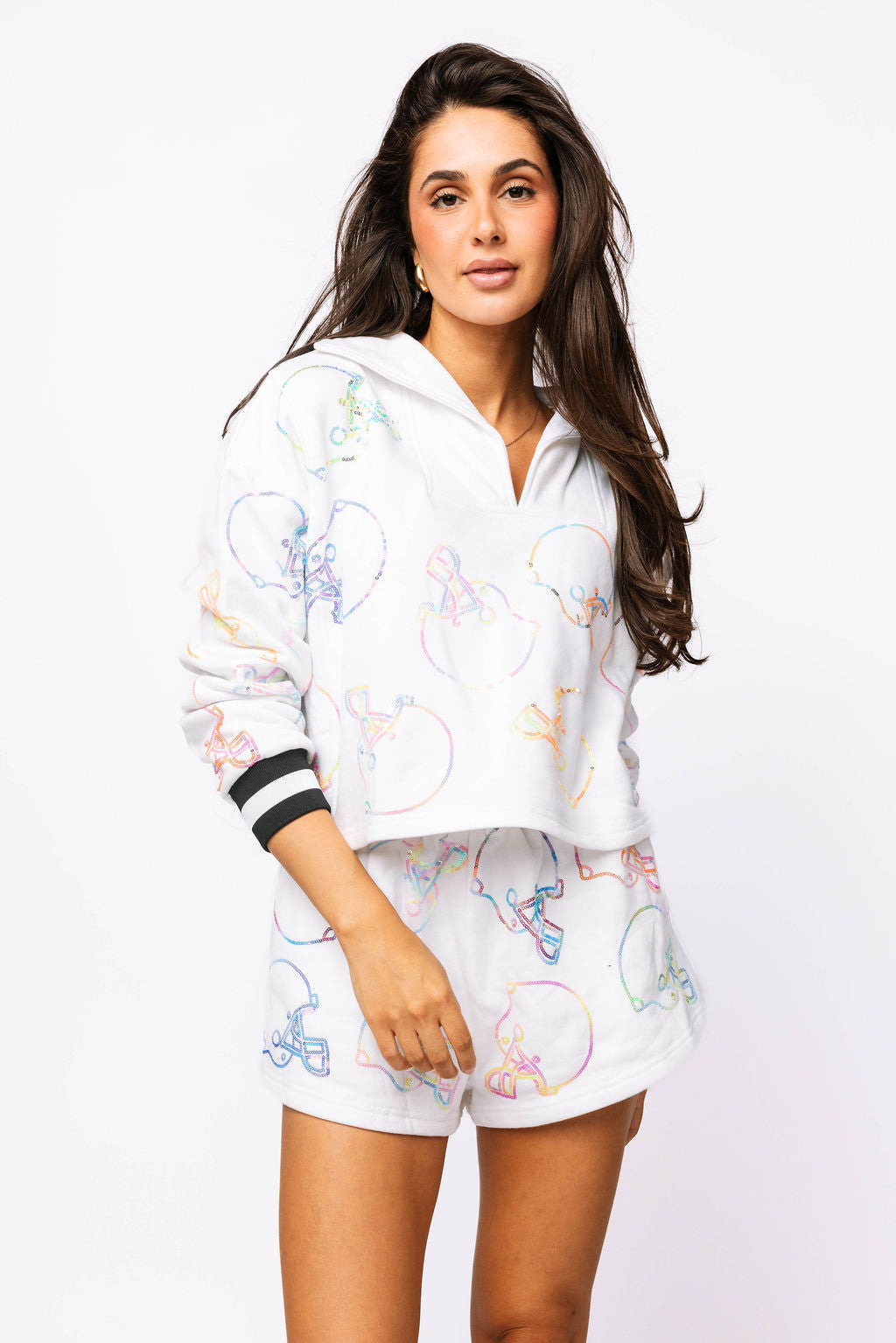 SAMPLE - White Multi Helmet Collared Sweatshirt and Short Set