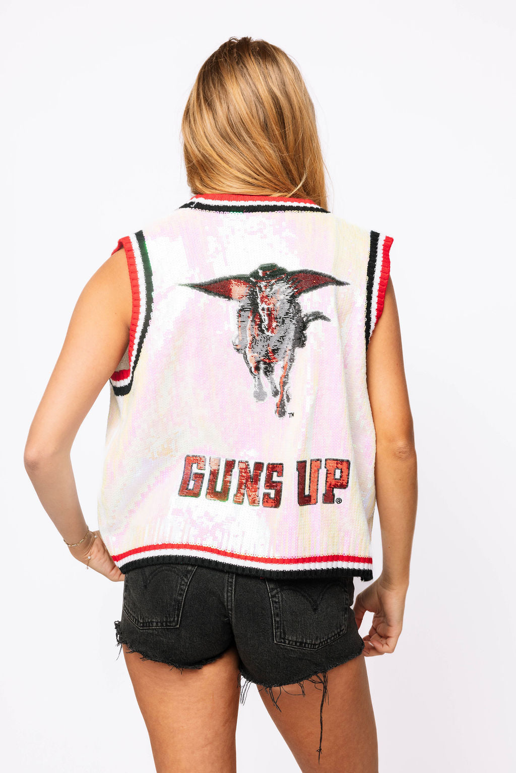 Licensed Sample - White, Red & Black Texas Tech Full Sequin Button Up Sweater Vest
