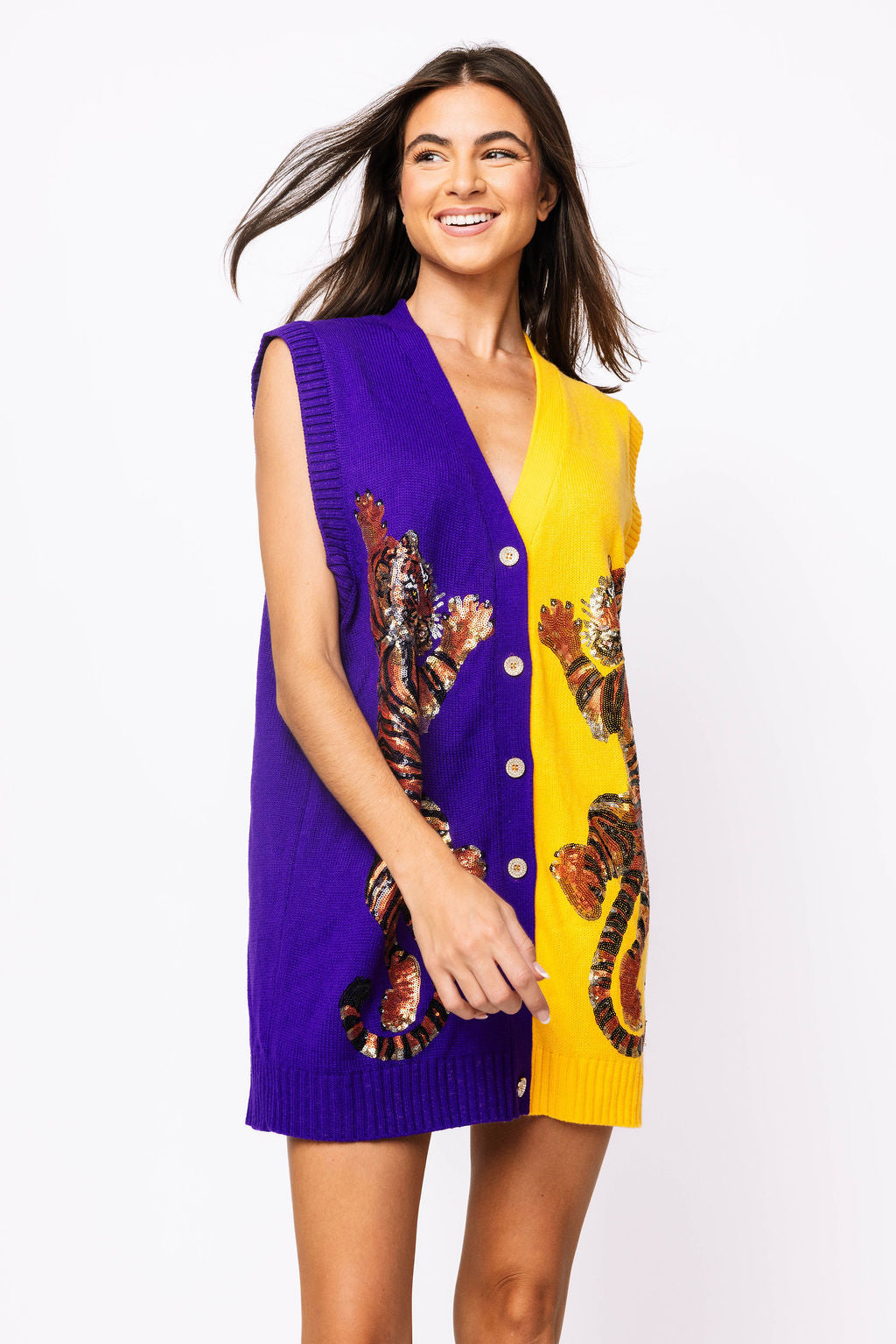 Licensed Sample - Purple & Yellow Tiger Cardigan Sweater Tank Dress