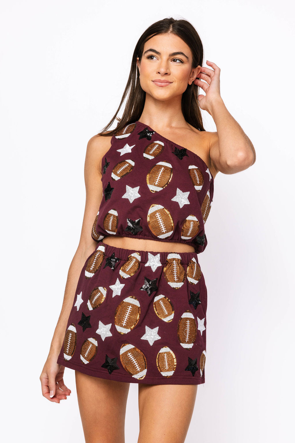 SAMPLE -  Maroon Footballs & Stars One Shoulder Top and Skort Set