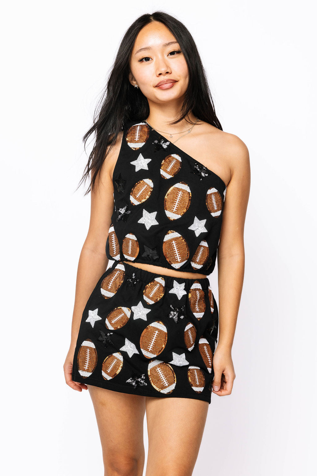 SAMPLE -  Black Footballs & Stars One Shoulder Top and Skort Set