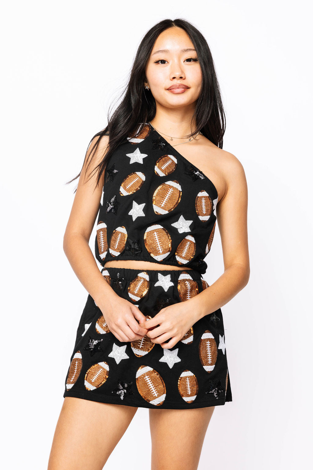 SAMPLE -  Black Footballs & Stars One Shoulder Top and Skort Set