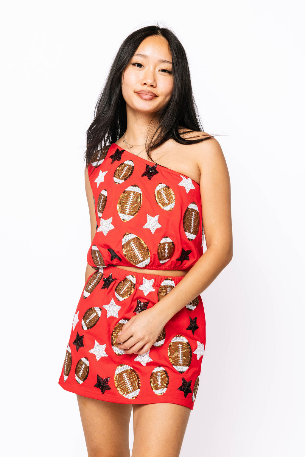 SAMPLE -  Red Footballs & Stars One Shoulder Top and Skort Set