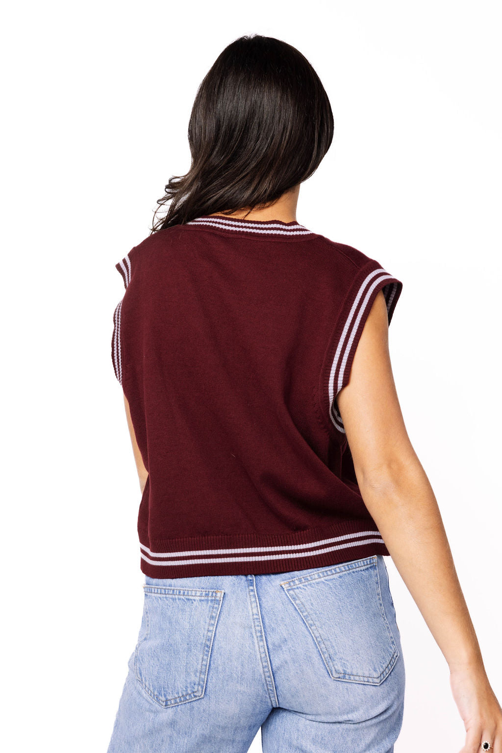Licensed Sample - Miss State V Neck Striped Cuff Cowbell Sweater Vest With Small Mascot