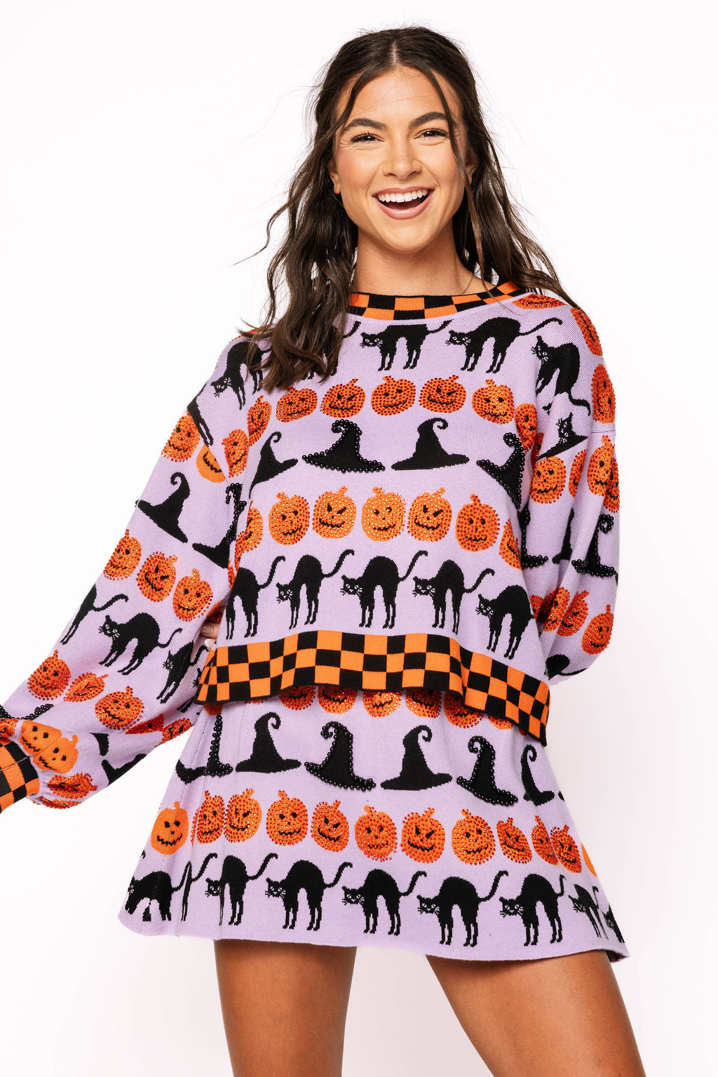 Lavender, Black & Orange Checker Trim Halloween Icon Sweater