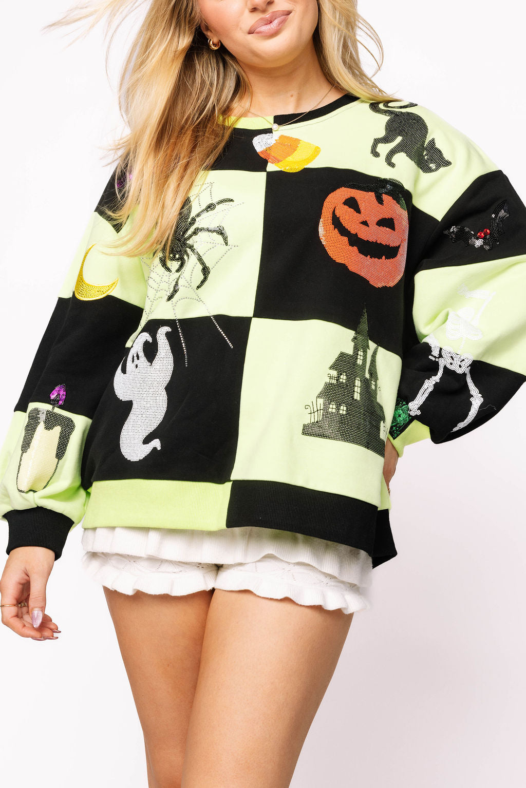 Light Green & Black Checkered Halloween Icon Sweatshirt