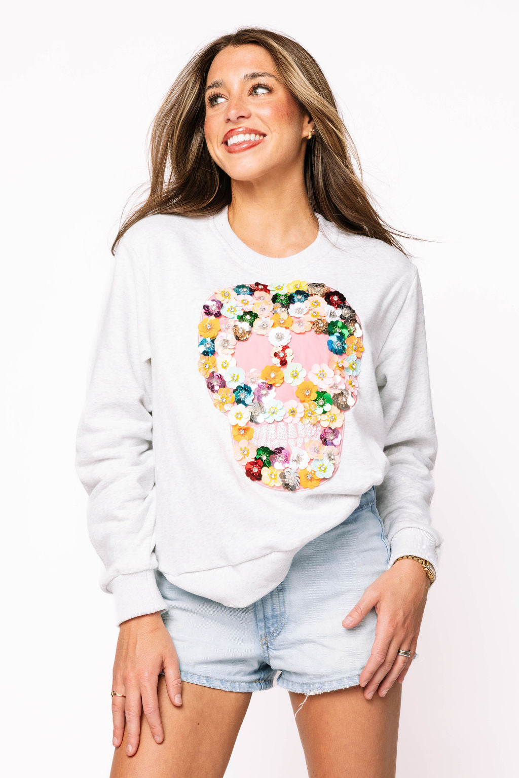 Sample Grey Multi Flower Sequin Skull Sweatshirt
