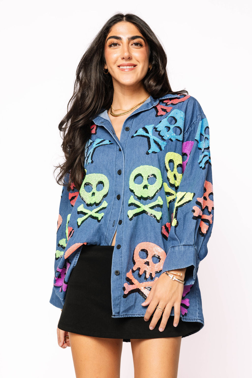 Denim Neon Skull & Crossbones Button Up Long Sleeve Tunic