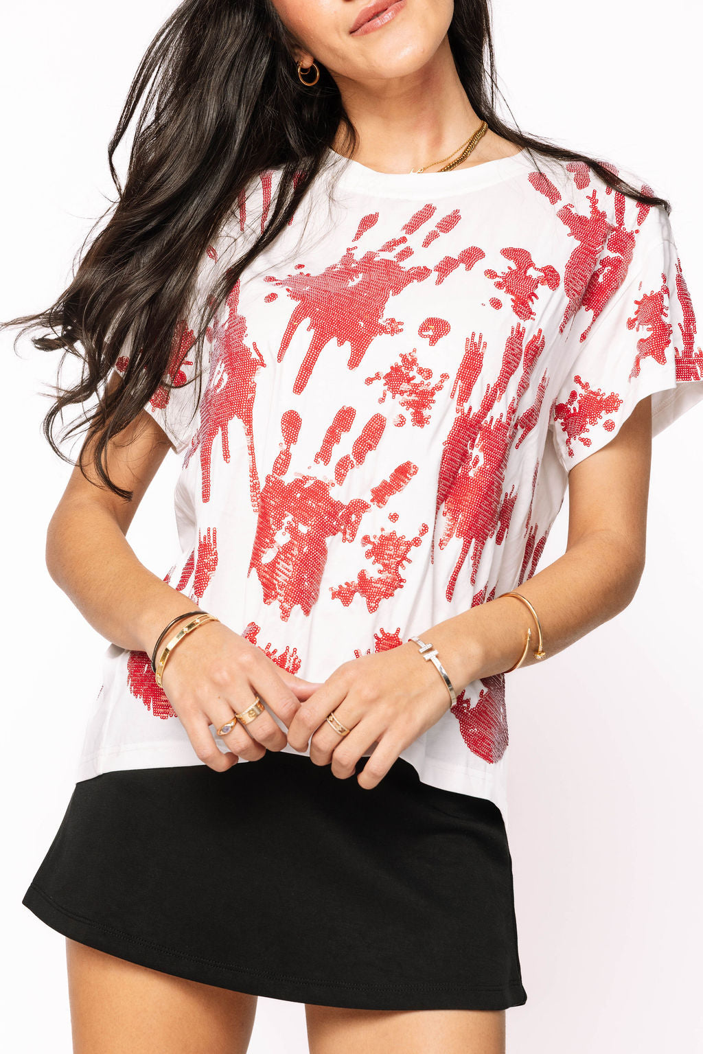 White Sequin Spooky Hands Tee