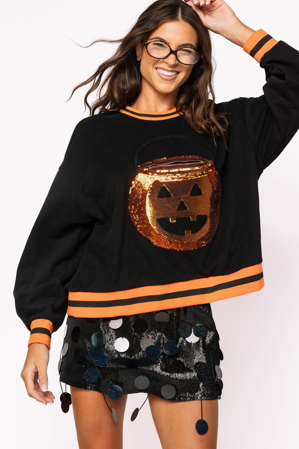 Black Halloween Pumpkin Functioning Candy Bucket Sweatshirt