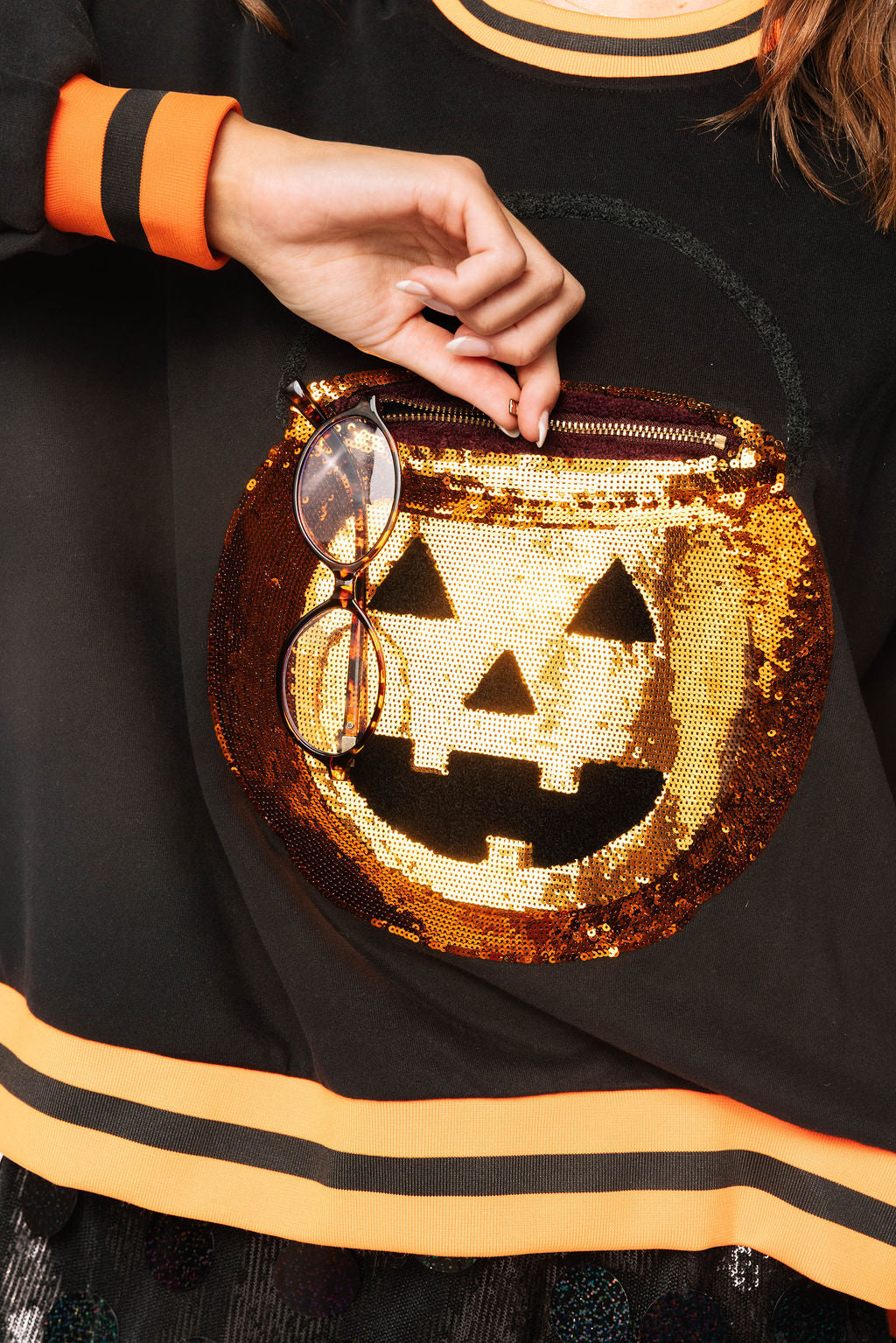 Black Halloween Pumpkin Functioning Candy Bucket Sweatshirt