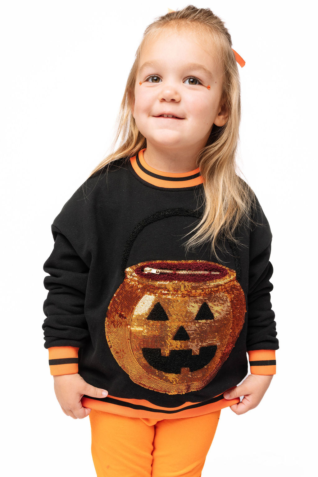 Kids Black Halloween Pumpkin Candy Bucket Sweatshirt