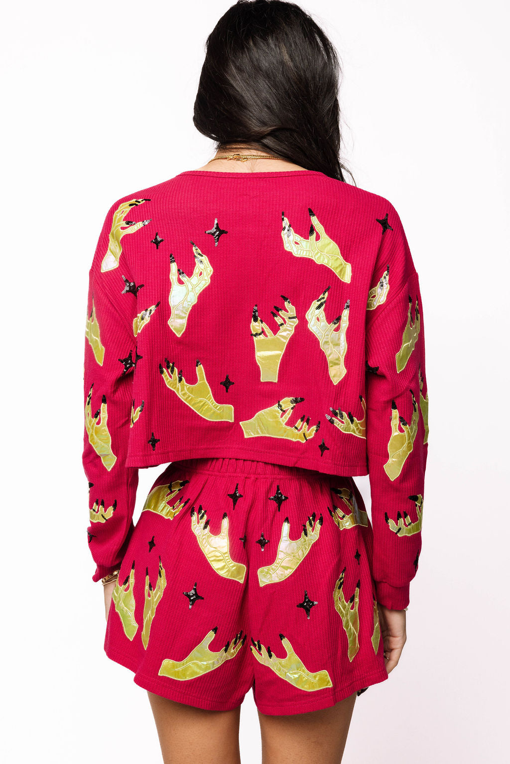 Sample Hot Pink Scattered Witch Hand Waffle Top and Short Set