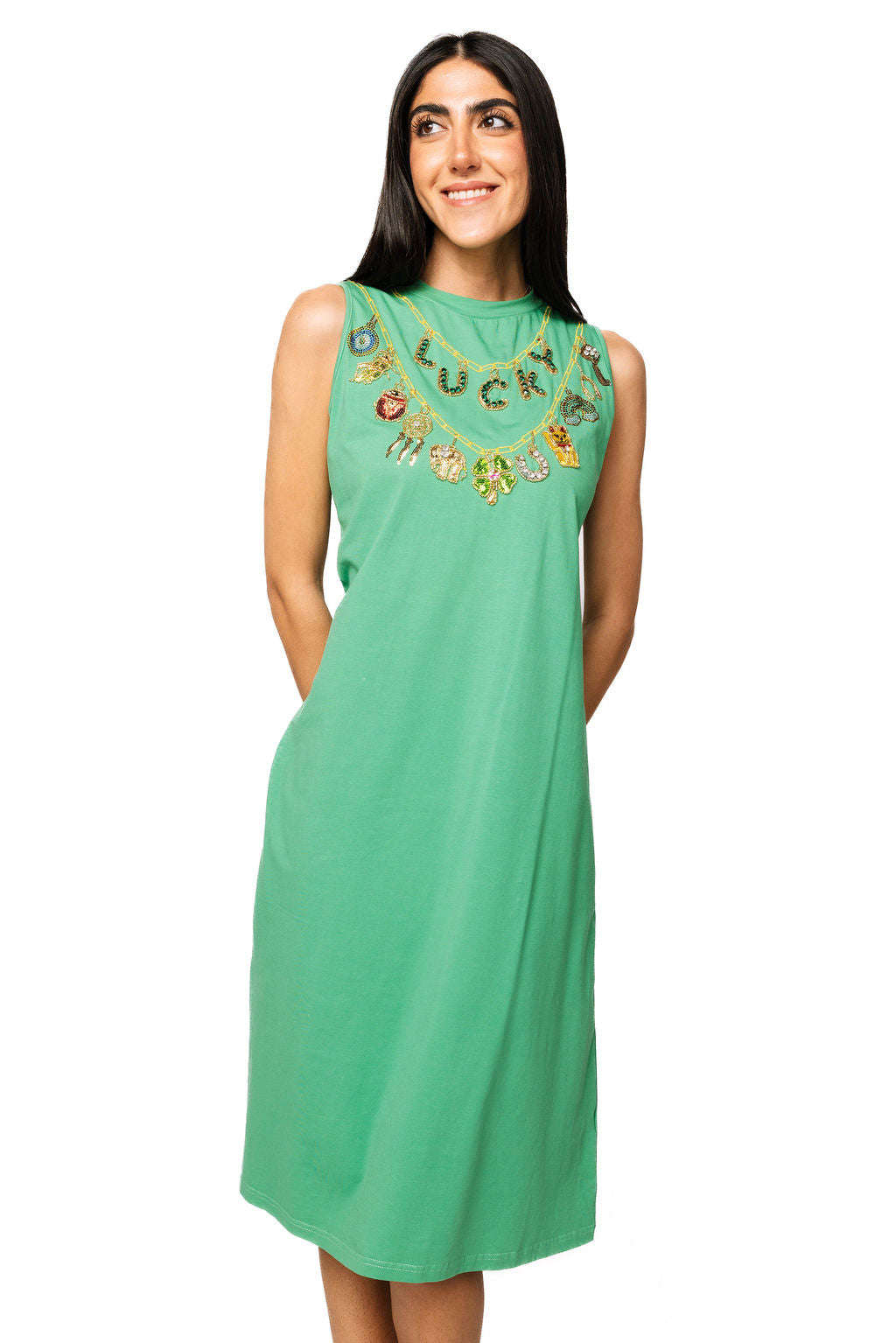 Kelly Green St. Patricks Day Icon Charm Necklace Tank Midi Dress Queen of Sparkles Kelly Green St. Patricks Day Icon Charm Necklace Tank Midi Dress Queen of Sparkles