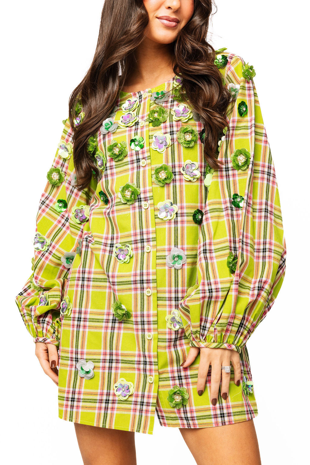 Sample Green & Pink Plaid Green Flower Button Up Dress Queen of Sparkles Sample Green & Pink Plaid Green Flower Button Up Dress Queen of Sparkles