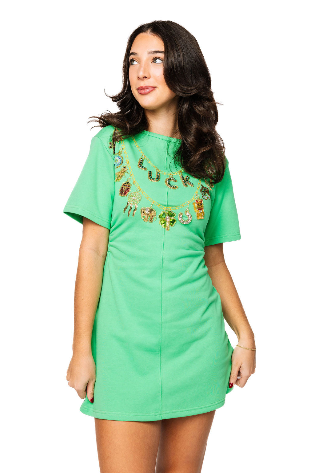 Sample Green 'Lucky' St. Patricks Day Charm Necklace Short Sleeve Dress Sample Green 'Lucky' St. Patricks Day Charm Necklace Short Sleeve Dress